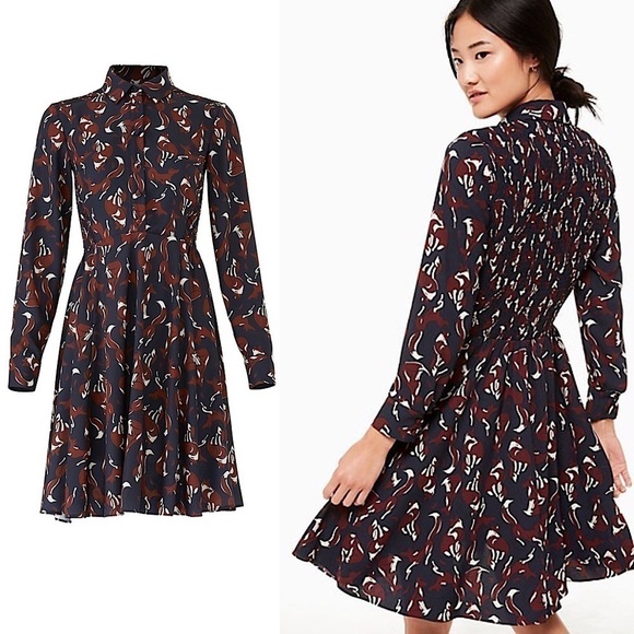 KATE SPADE Fox Print Smocked Long Sleeve Pippa Middleton Shift Shirt Dress 4‎ - Picture 9 of 14